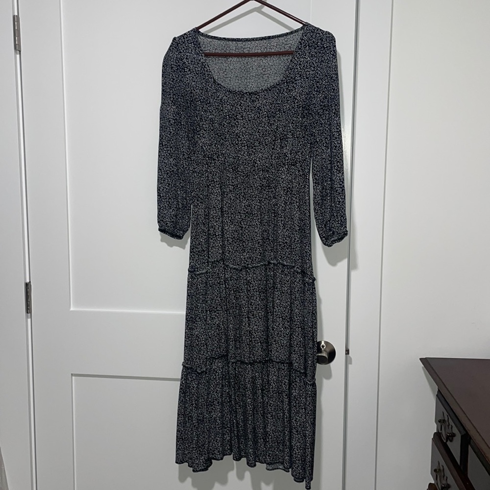 3/4 Sleeve Black Dress with White Flowers - 100% Cotton